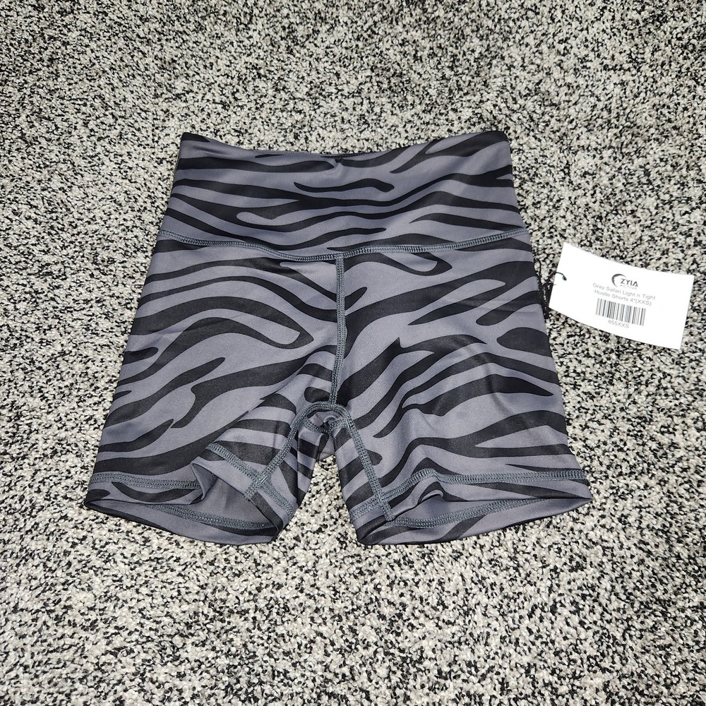 Zyia Gray Safari Zebra Light N Tight Hustle Shorts 4" Inseam Womens XXS Gym Lift